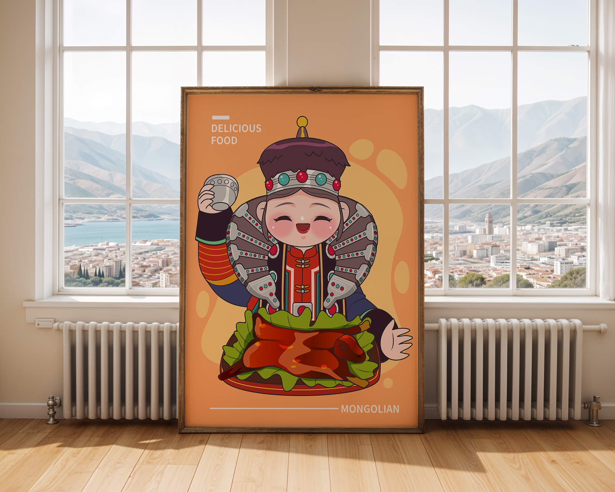 Cartoon character in traditional Mongolian attire with food