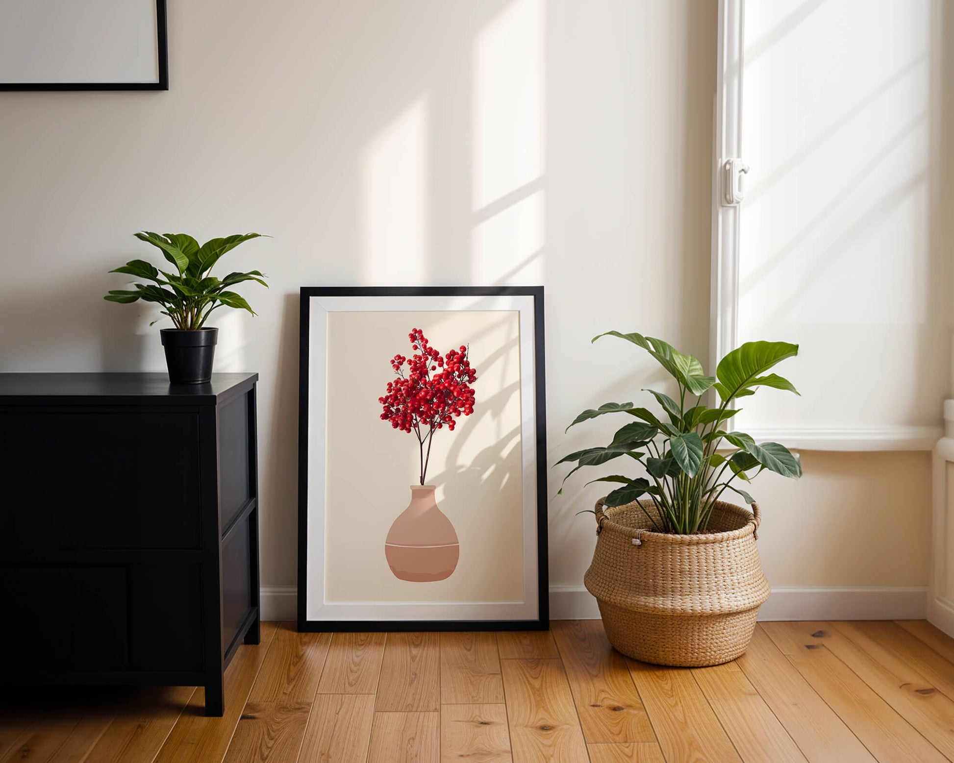Red berries in minimalist clay vase on neutral background