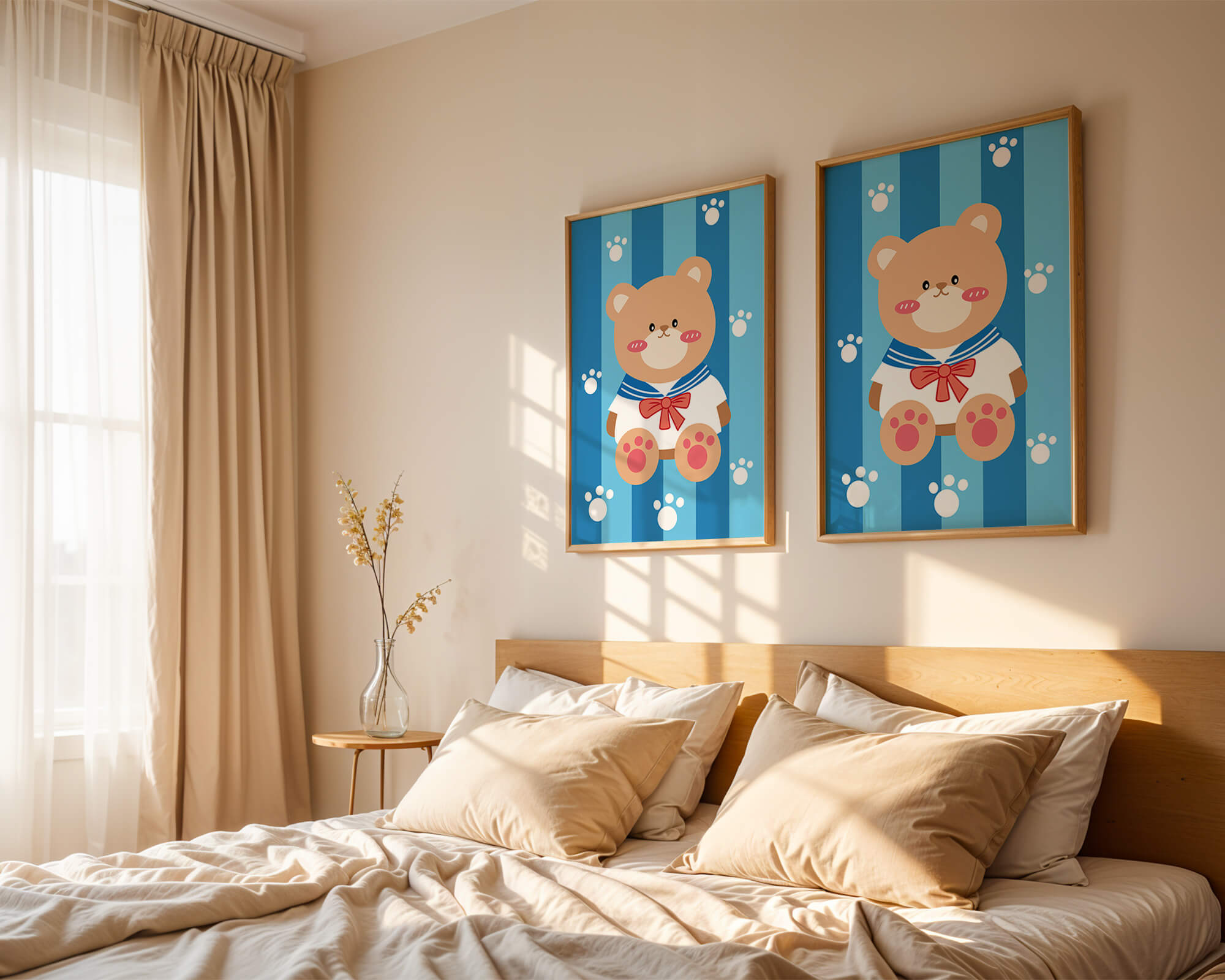 Adorable cartoon bear with sailor suit against striped background
