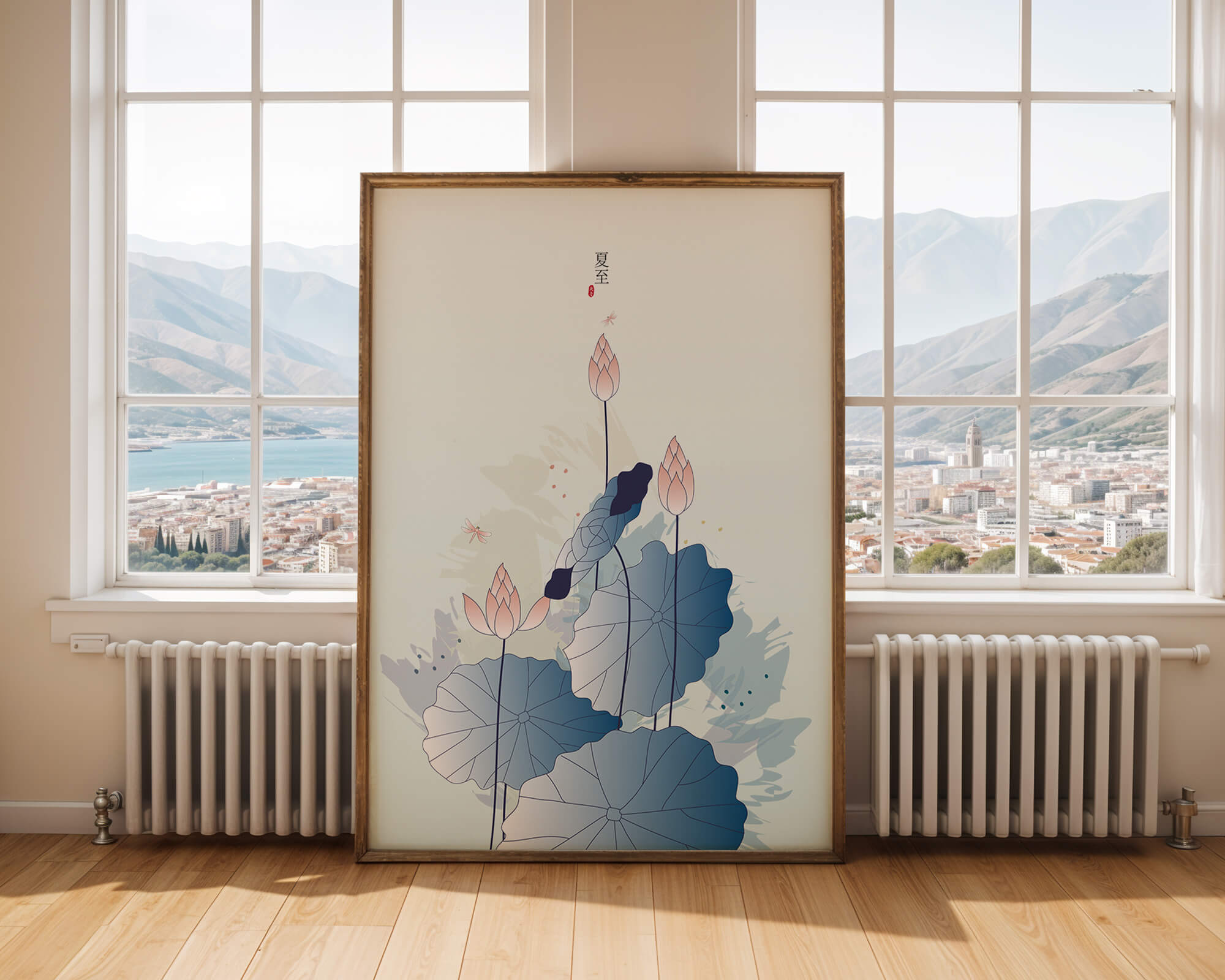 Lotus flower and dragonflies in elegant pastel illustration