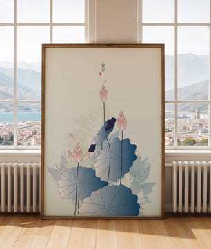 Lotus flower and dragonflies in elegant pastel illustration