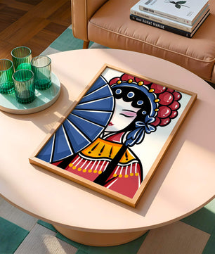 Traditional Asian opera character with fan and decorative headpiece