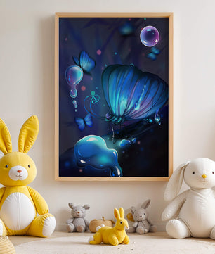Illuminated Blue Butterflies with Glowing Bubbles in Enchanted Darkness