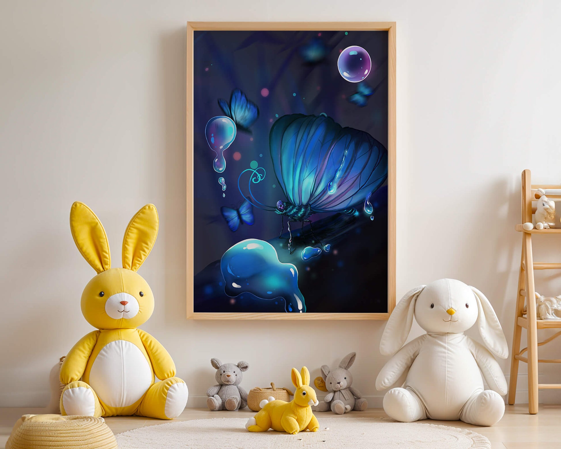 Illuminated Blue Butterflies with Glowing Bubbles in Enchanted Darkness
