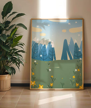 Landschaft mit schneebedeckten Bergen und Blumen im Cartoon-Stil