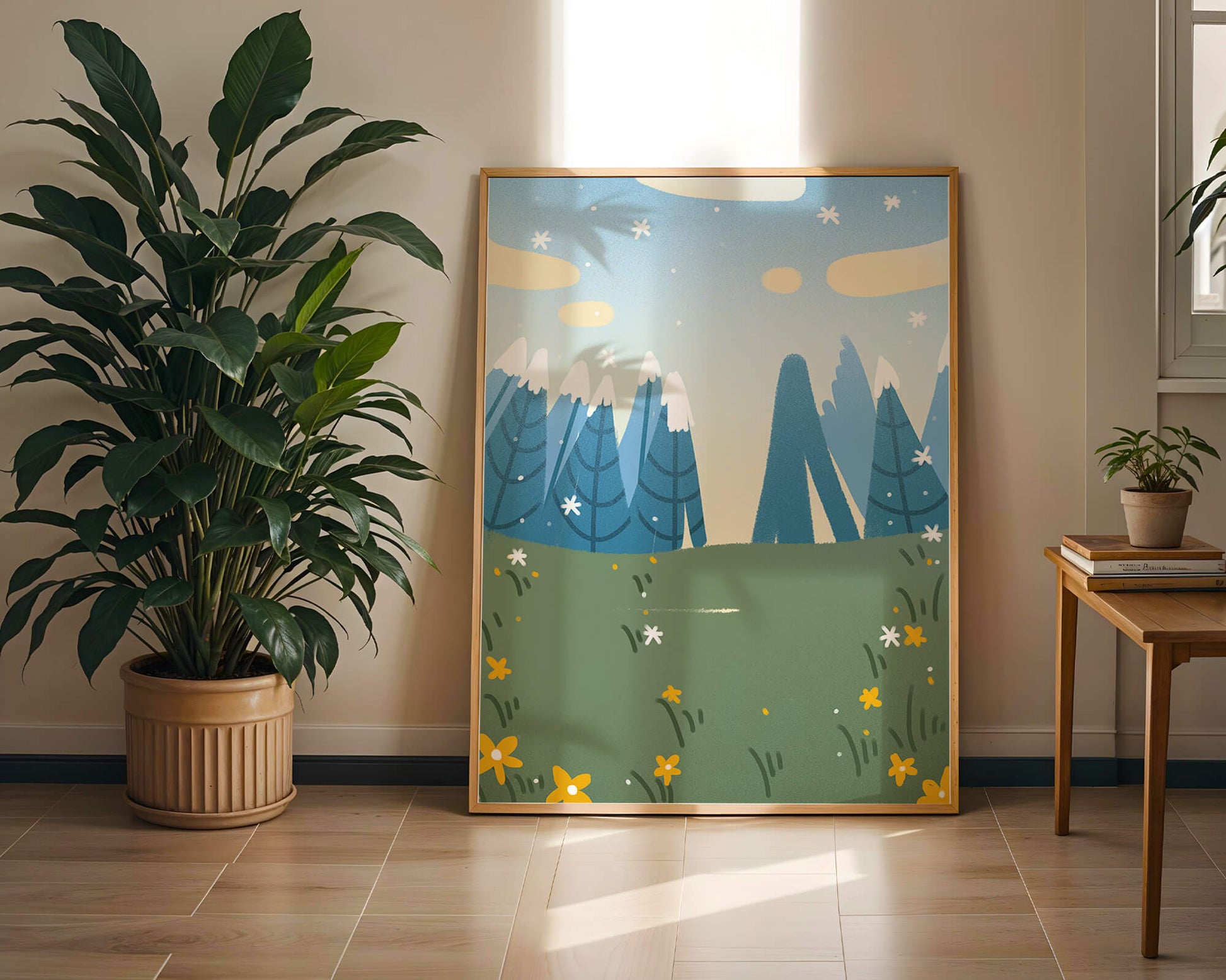 Landschaft mit schneebedeckten Bergen und Blumen im Cartoon-Stil