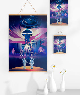 Futuristic Space City With Alien Creatures and Astronauts