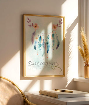 Whimsical dreamcatcher with feathers and flowers in a pastel watercolor style