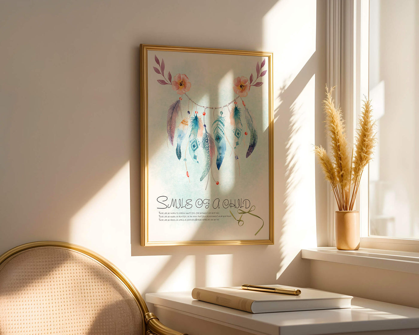 Whimsical dreamcatcher with feathers and flowers in a pastel watercolor style