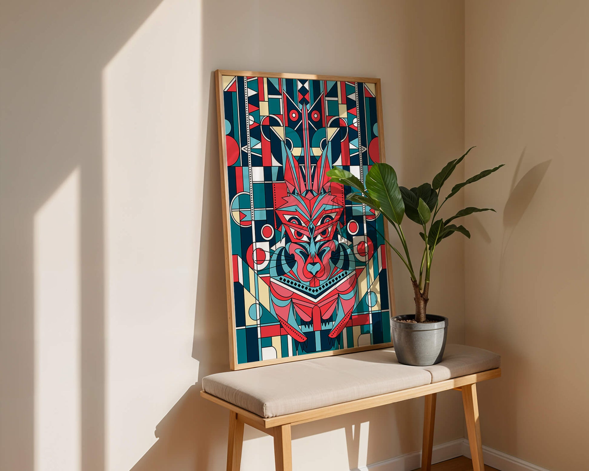 Arte abstracto geométrico de lobo con influencias tribales