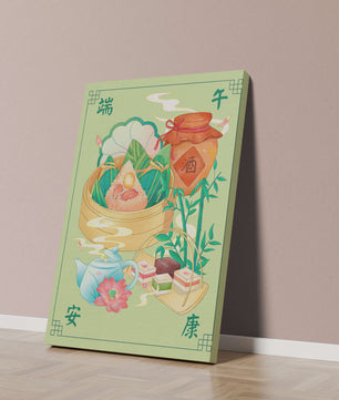 Illustration de nourriture festive chinoise mettant en scène des zongzi traditionnels et un service à thé