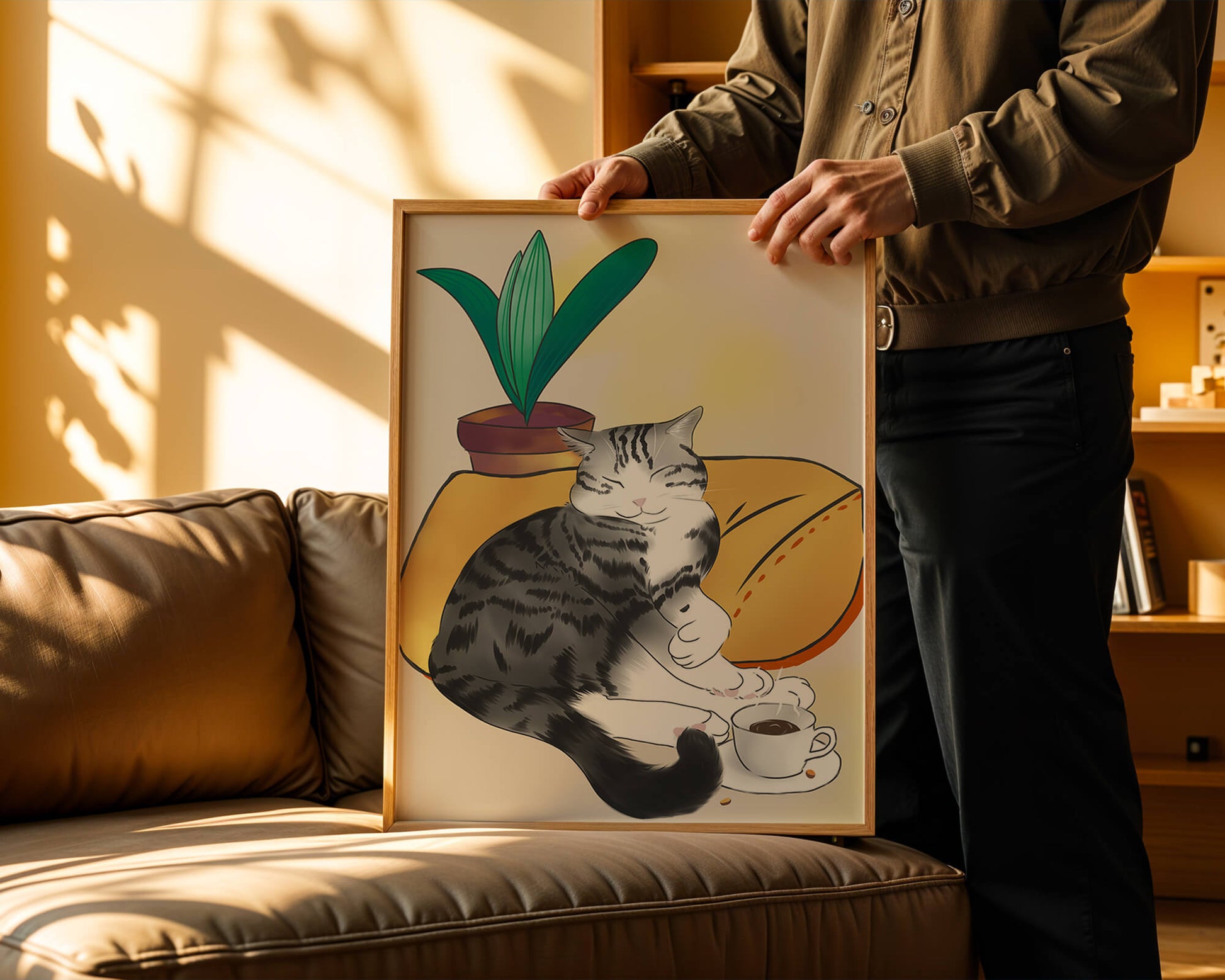 Entspannte Katze mit Kaffee und Pflanze auf gemütlichem Kissen