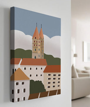 Ciudad europea encantadora con torres de iglesia y edificios coloridos