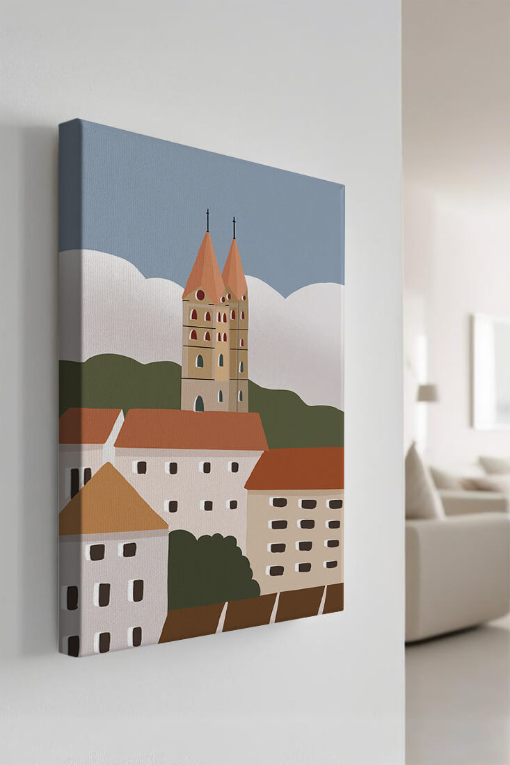 Charming European Cityscape with Church Towers and Colorful Buildings
