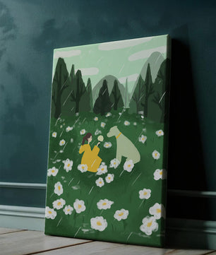 Woman and Dog in a Serene Rainy Meadow with Flowers