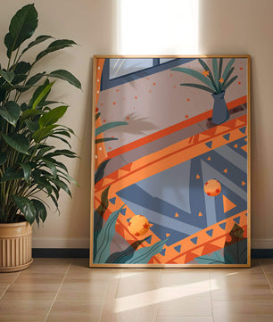 Modern Abstract Interior with Geometric Patterns and Plant