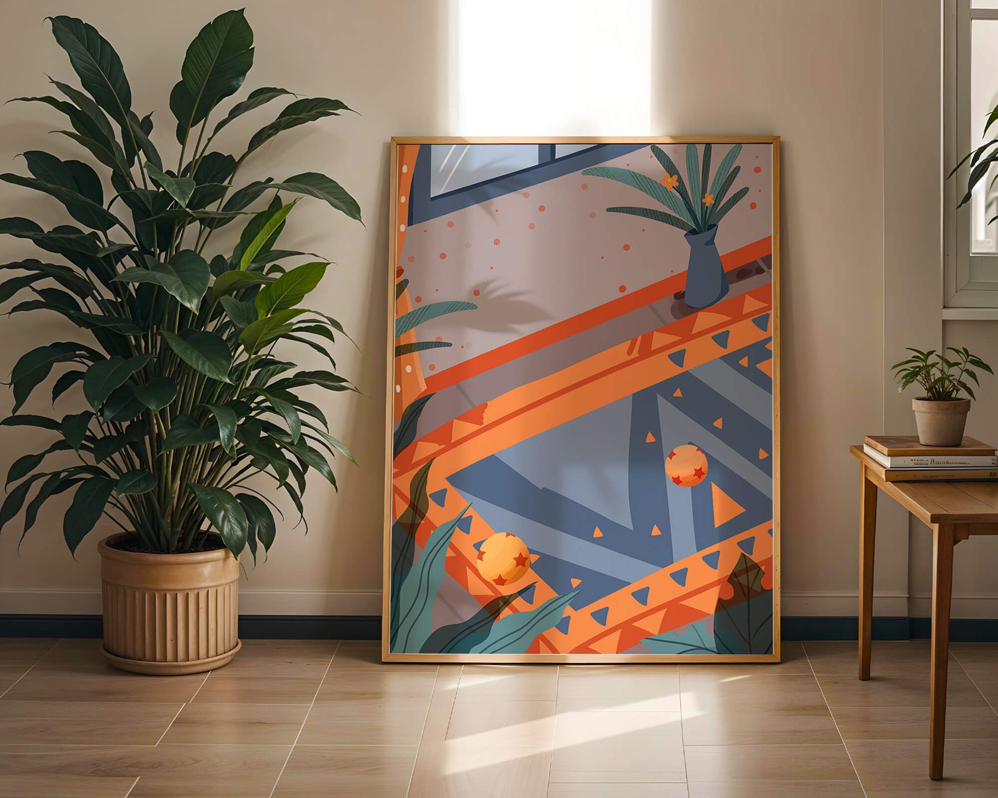 Interior abstracto moderno con patrones geométricos y planta