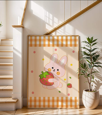 Adorable bunny holding strawberry illustration with gingham pattern