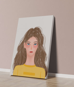 Illustrated portrait of a woman with long brown hair and expressive eyes