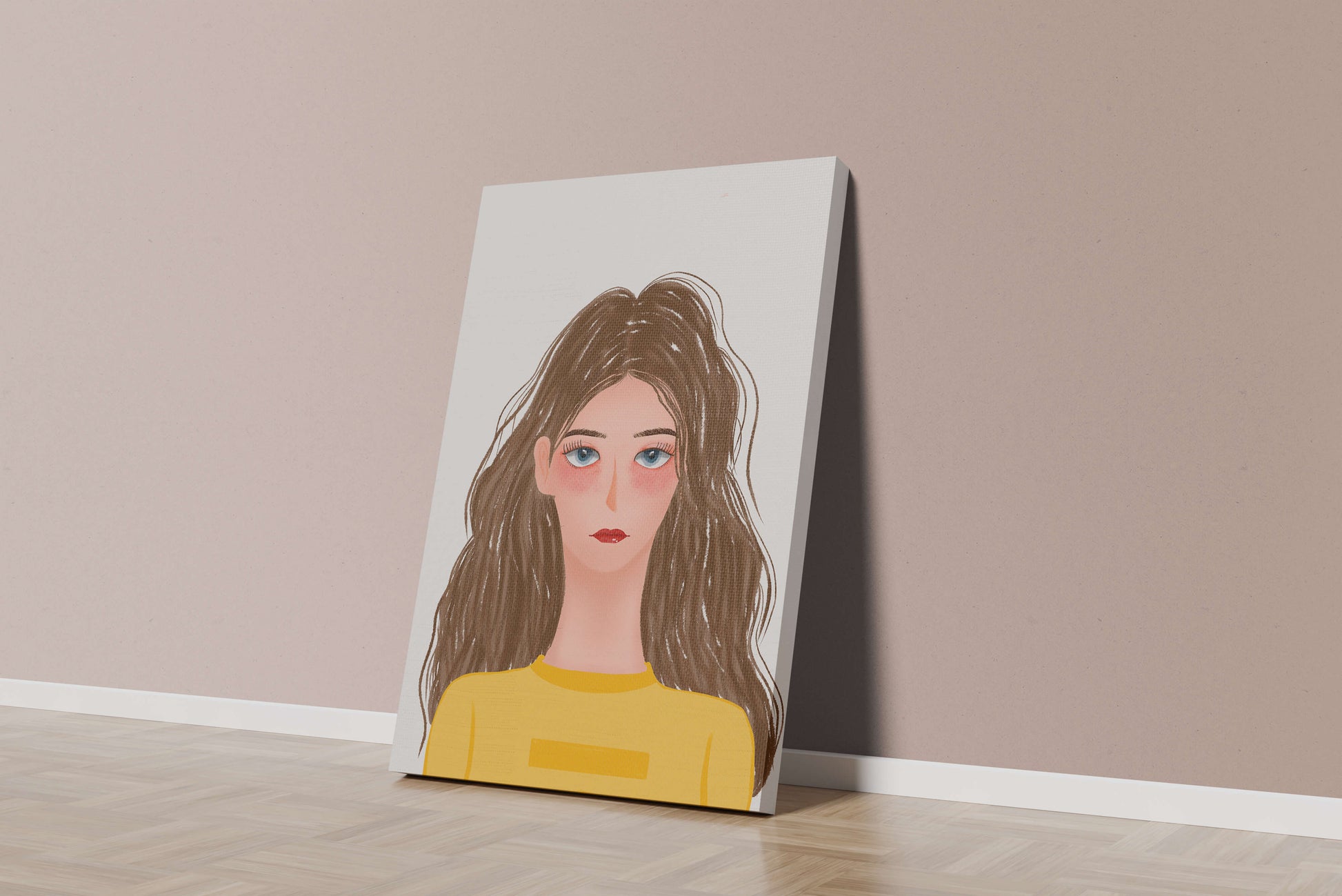 Illustrated portrait of a woman with long brown hair and expressive eyes