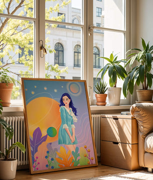 Ilustración de fantasía de una mujer en un jardín cósmico con colores vibrantes
