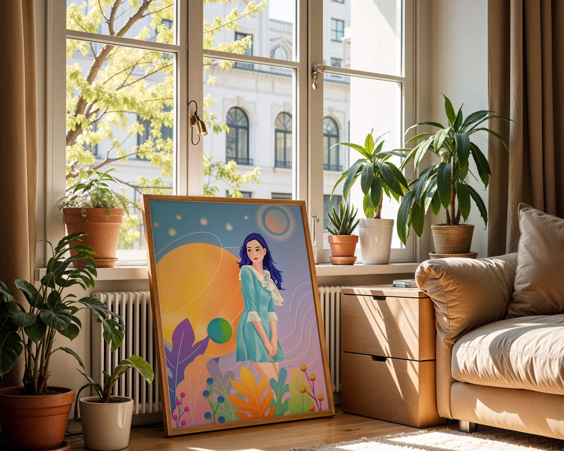 Ilustración de fantasía de una mujer en un jardín cósmico con colores vibrantes