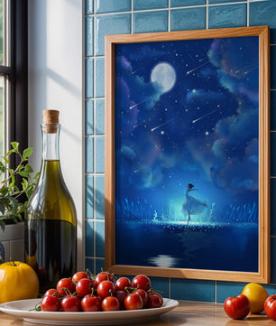 Cielo nocturno soñador con figura danzante y luz de luna brillante