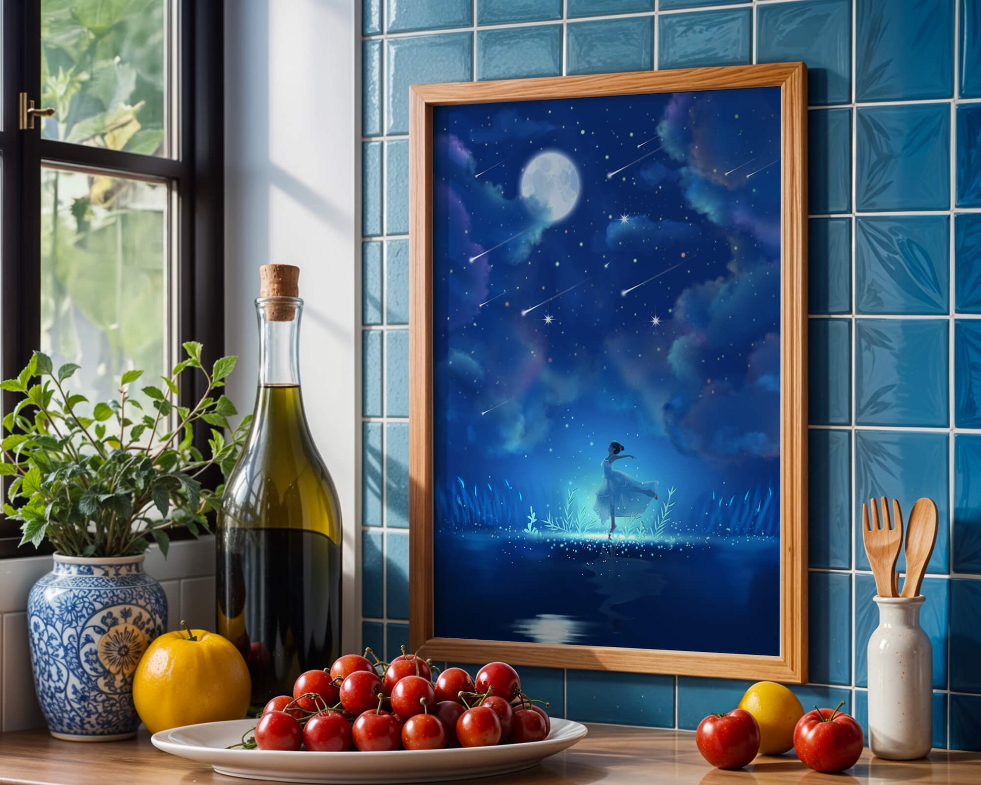 Cielo nocturno soñador con figura danzante y luz de luna brillante