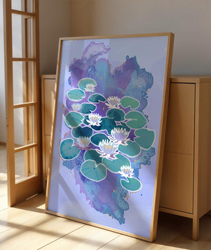 Serene aquatic scene with water lilies on abstract colorful background