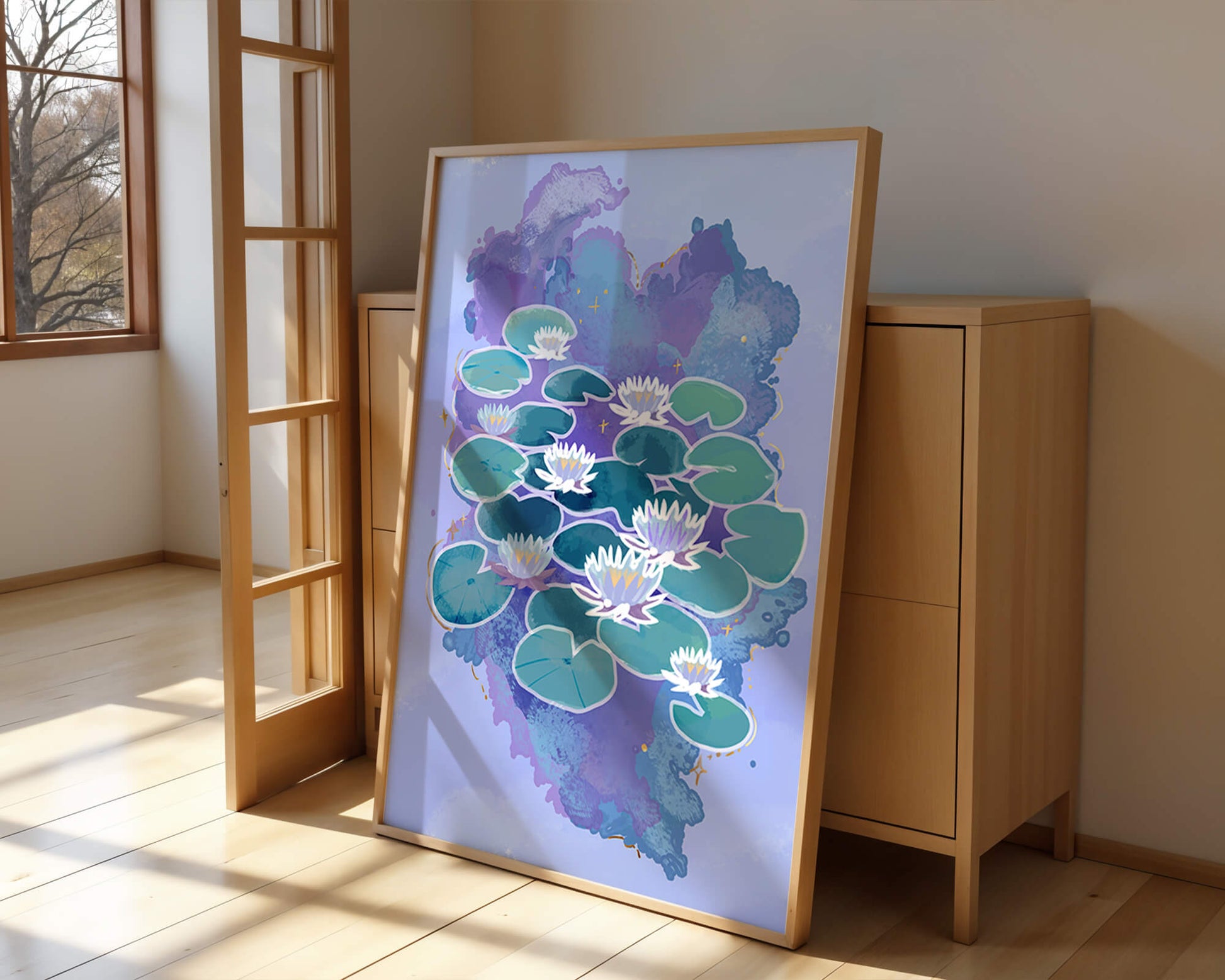 Serene aquatic scene with water lilies on abstract colorful background