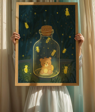 Charming teddy bear in a jar with glowing fireflies