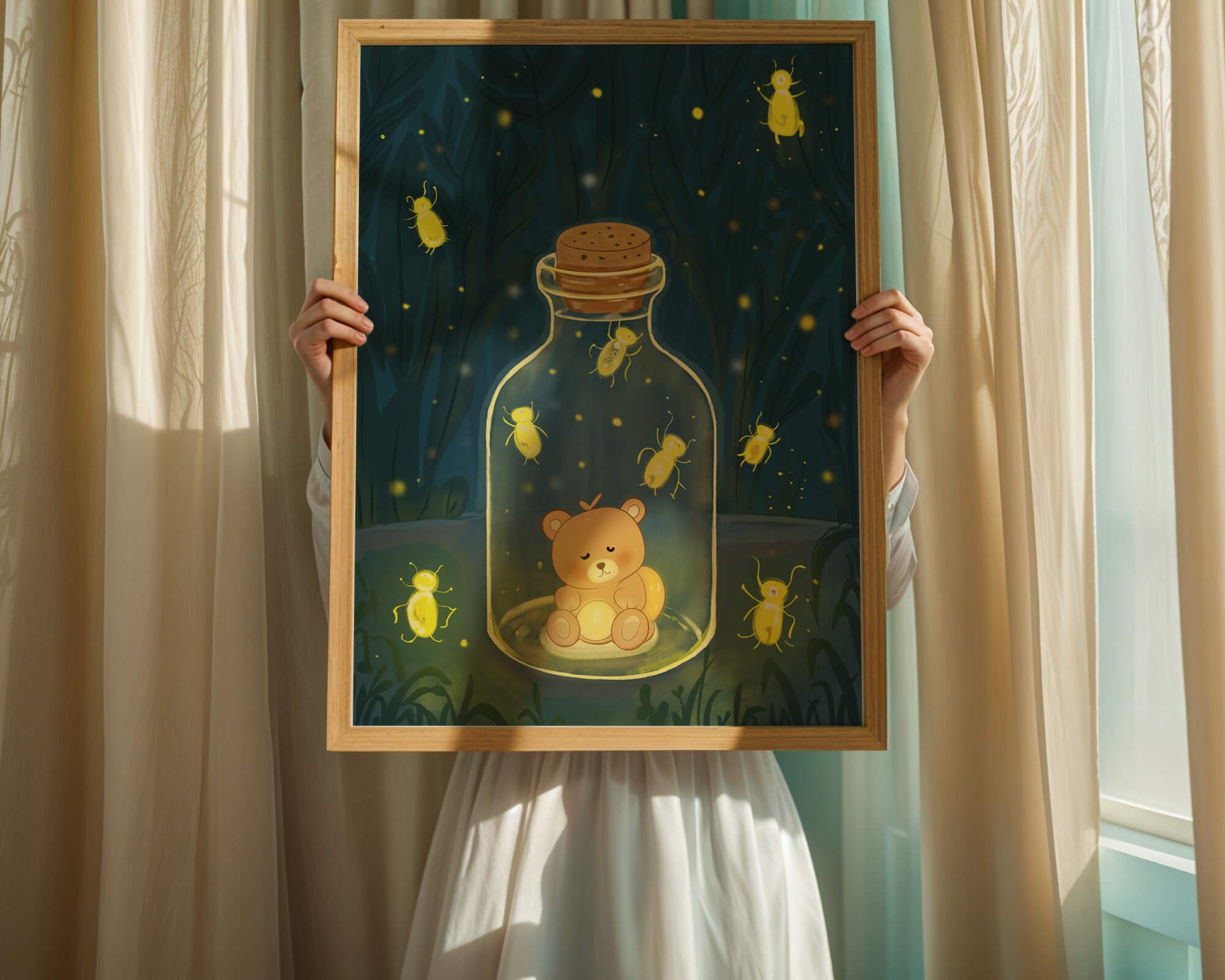 Charming teddy bear in a jar with glowing fireflies