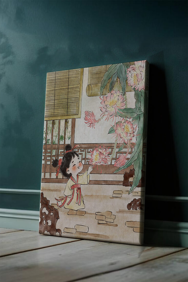Little girl with flowers in traditional Asian garden
