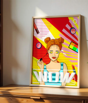 Ilustración de arte pop vibrante con una niña sonriente con maquillaje colorido y patrones audaces