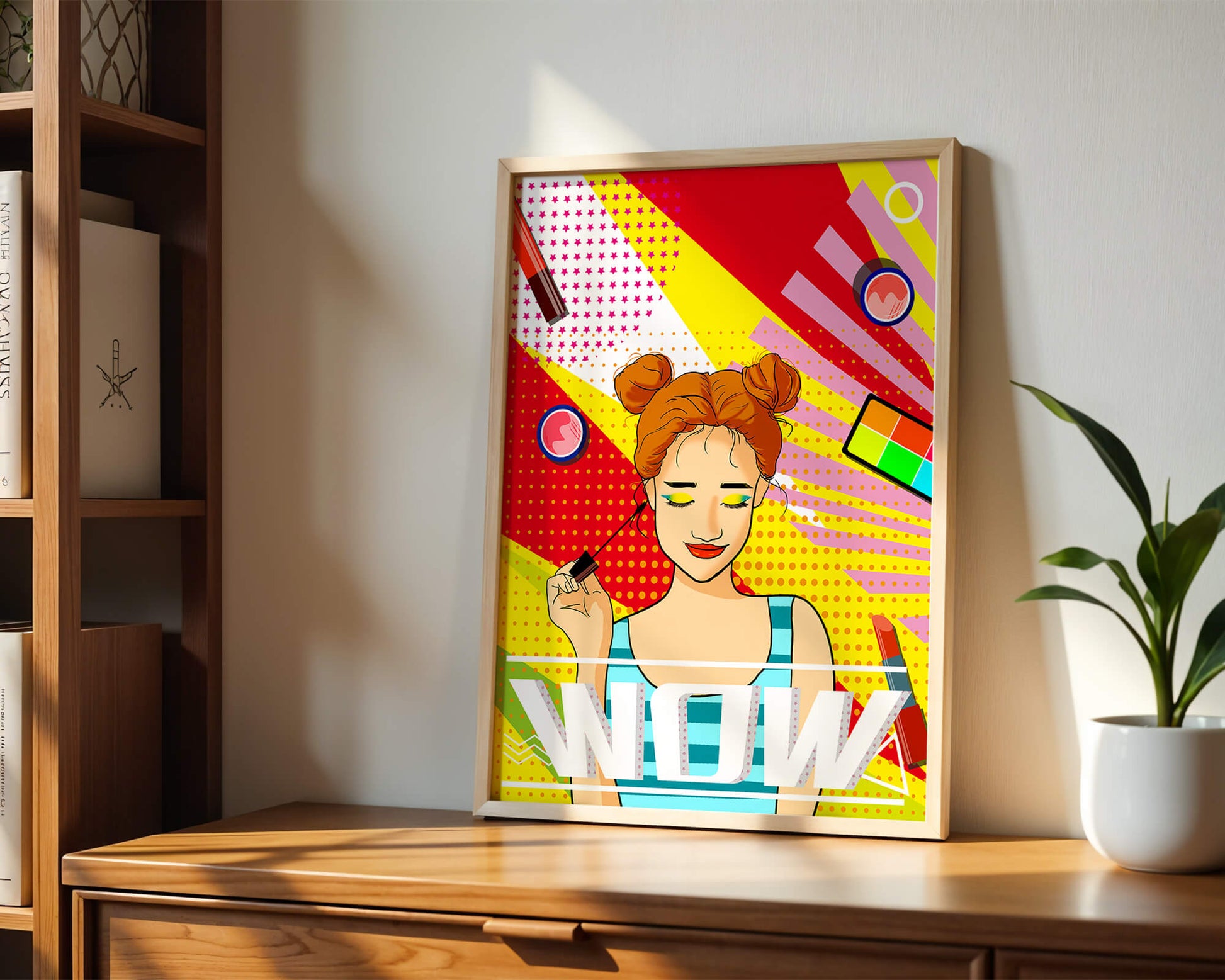 Ilustración de arte pop vibrante con una niña sonriente con maquillaje colorido y patrones audaces