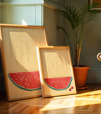 Abstract Watermelon Slice with Gold Accents on Minimalist Background
