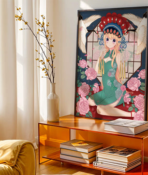 Chica anime elegante con atuendo tradicional y detalles florales y de grulla