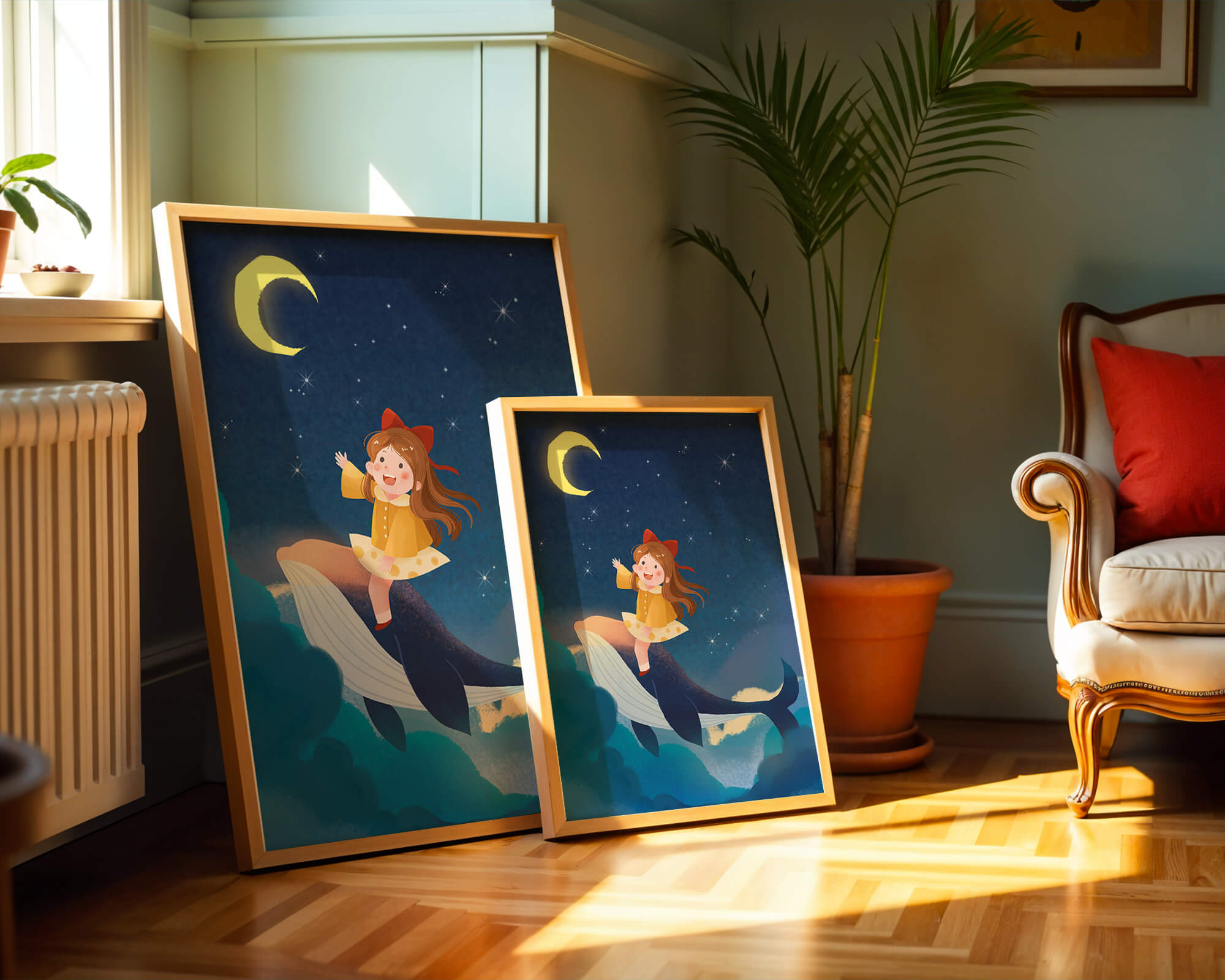 Girl on a whale under starry night sky