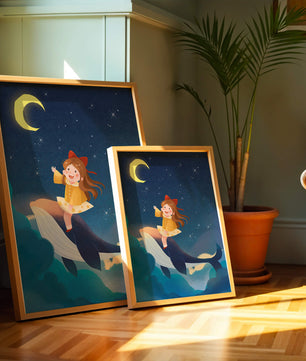 Girl on a whale under starry night sky