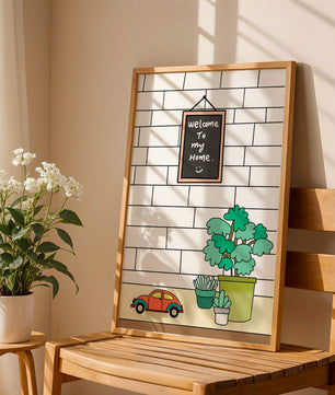 Kreidetafel-Schild mit Topfpflanzen und Spielzeugauto auf Ziegelmauer-Hintergrund