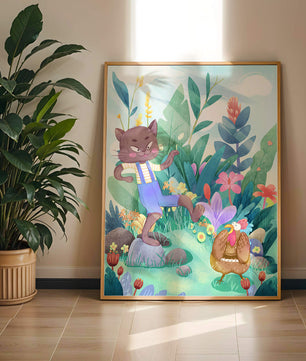Playful Cat and Chicken in Vibrant Forest Scene Illustration