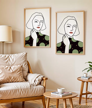 Modern Minimalist Portrait of a Winking Woman in Green Polka Dot Dress - Mi tienda