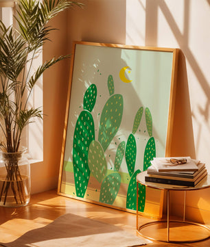 Desert cactus illustration with crescent moon