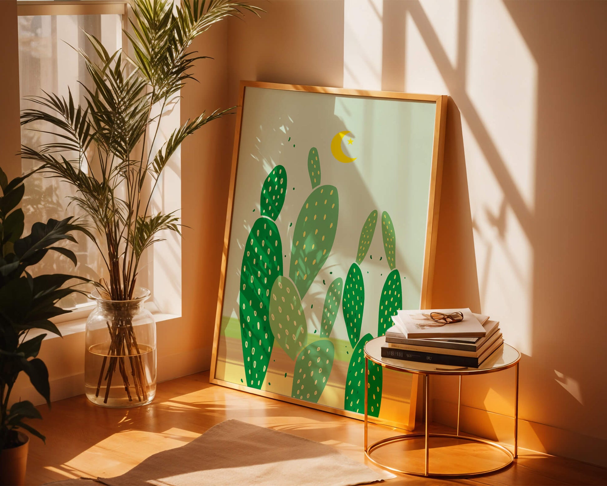 Desert cactus illustration with crescent moon