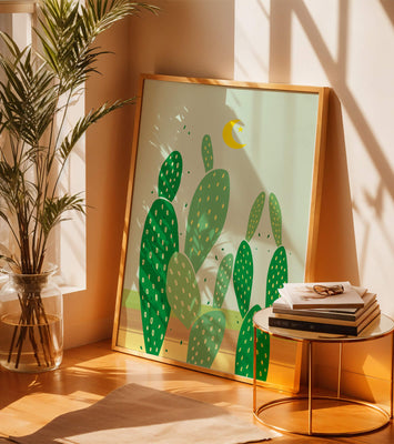 Desert cactus illustration with crescent moon
