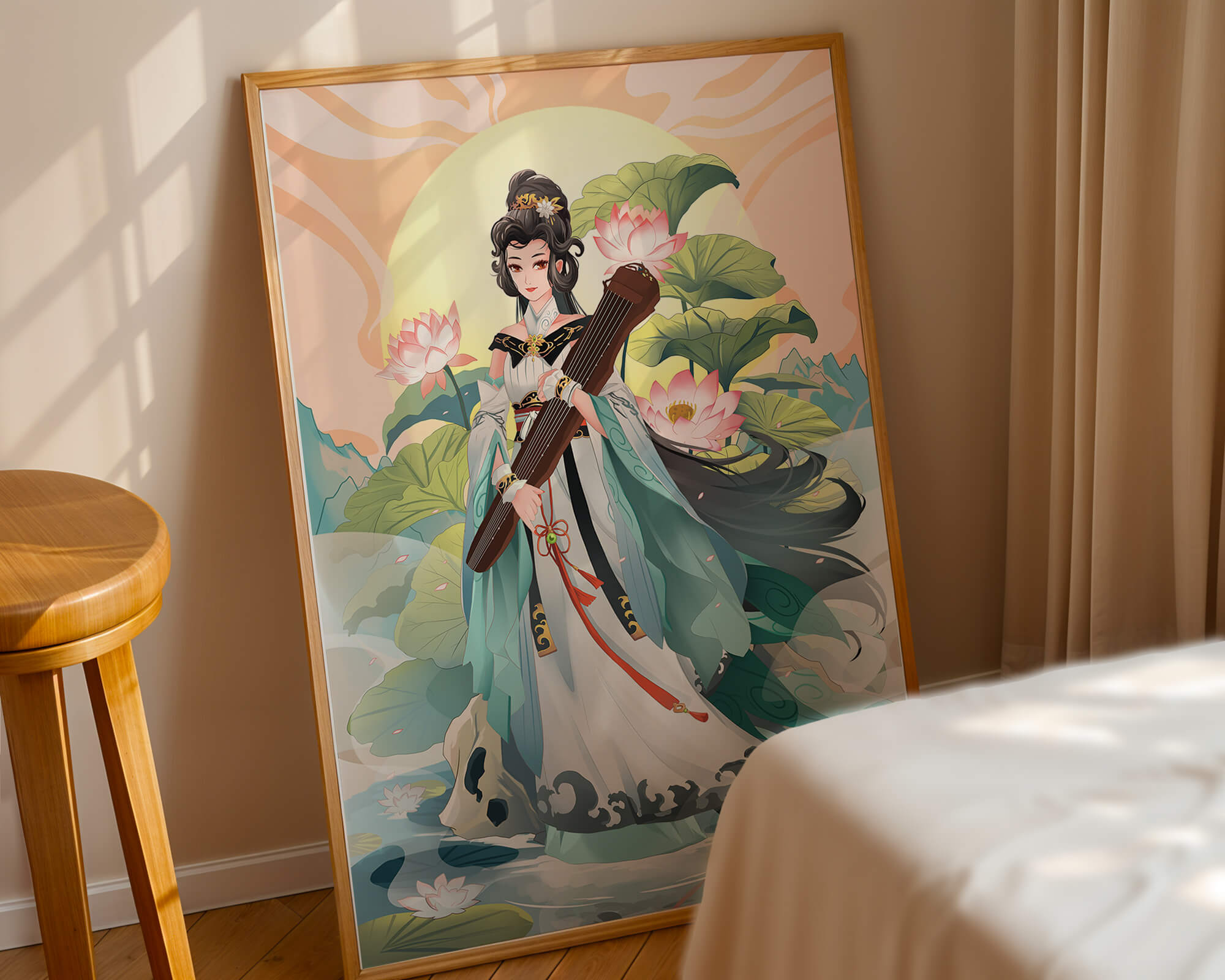 Elegant woman with traditional clothing and musical instrument in serene nature setting