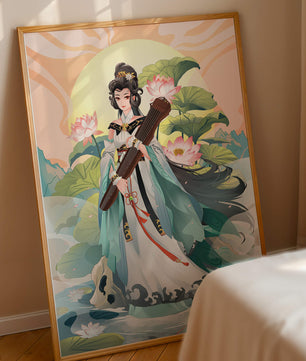 Elegant woman with traditional clothing and musical instrument in serene nature setting