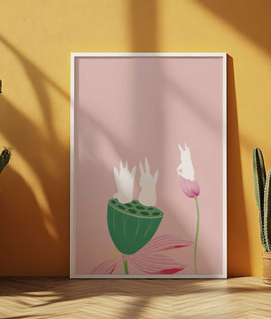 Whimsical Rabbits on Lotus with Pink Background