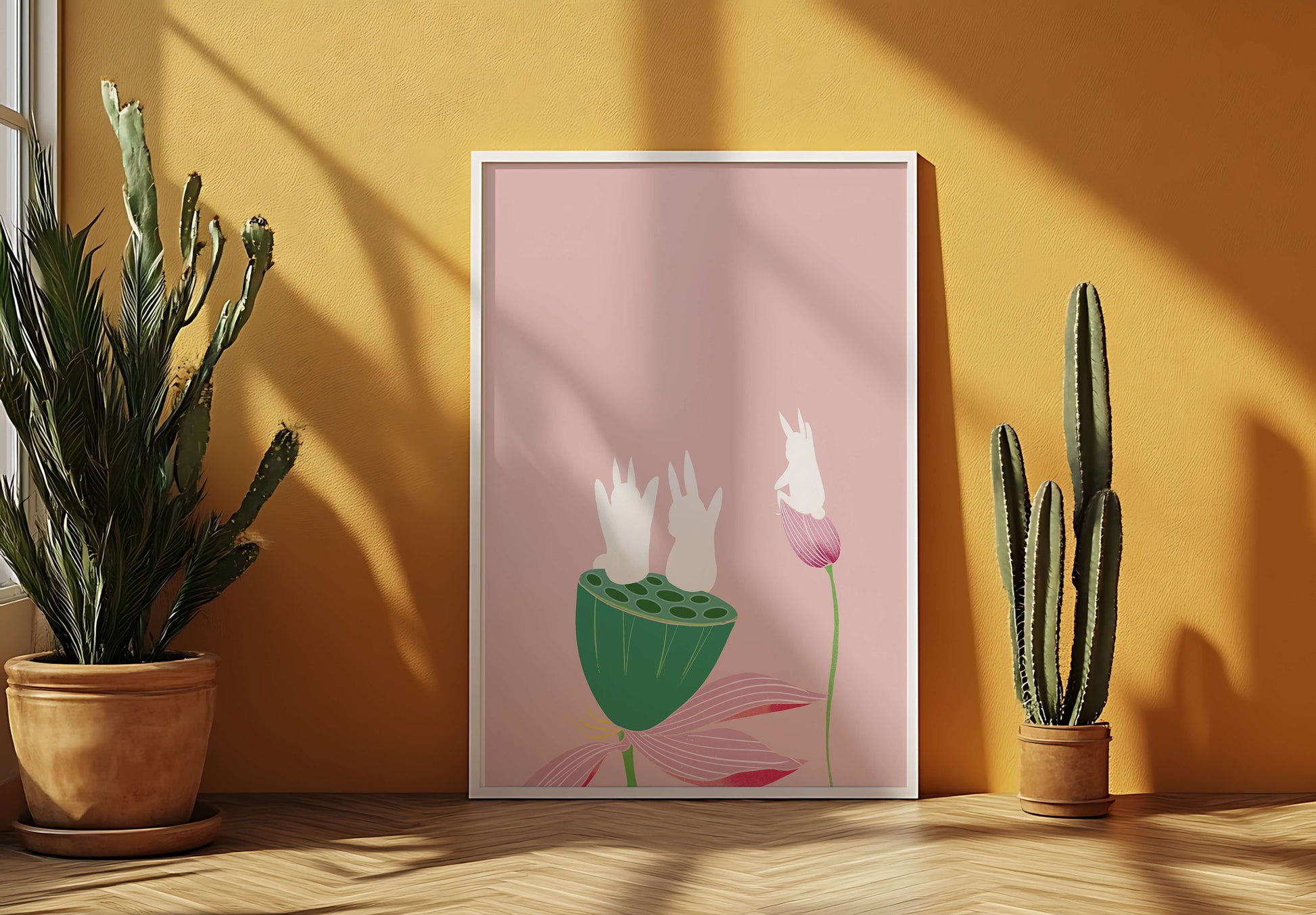 Whimsical Rabbits on Lotus with Pink Background