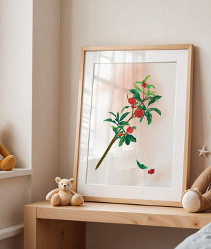 Ilustración detallada de una rama floreciente con flores rojas vivas y hojas verdes exuberantes